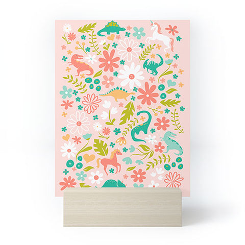 Lathe & Quill Dinosaurs Unicorns in Pink Teal Mini Art Print