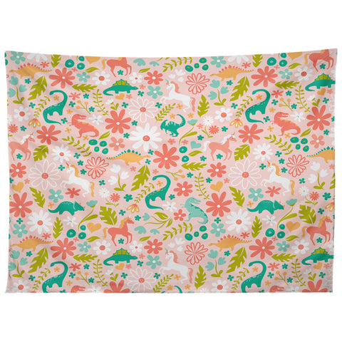 Lathe & Quill Dinosaurs Unicorns in Pink Teal Tapestry