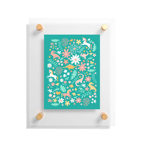 Lathe & Quill Dinosaurs Unicorns on Teal Floating Acrylic Print
