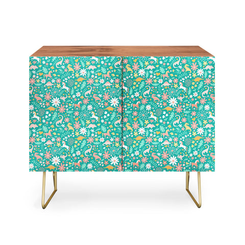 Lathe & Quill Dinosaurs Unicorns on Teal Credenza
