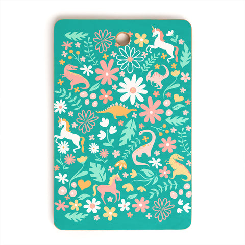 Lathe & Quill Dinosaurs Unicorns on Teal Cutting Board Rectangle