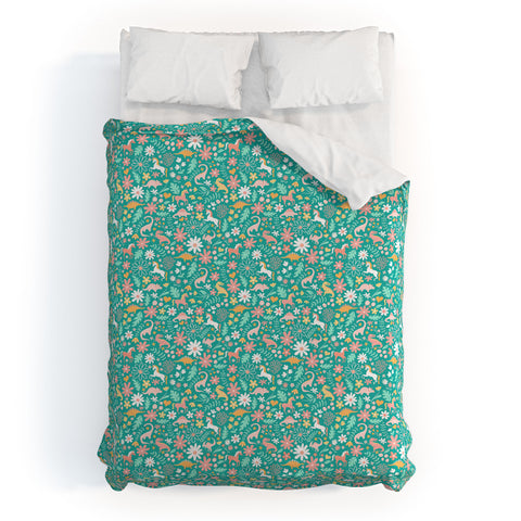 Lathe & Quill Dinosaurs Unicorns on Teal Duvet Cover