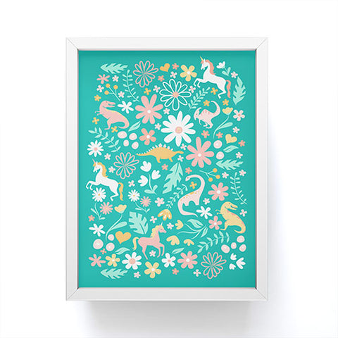 Lathe & Quill Dinosaurs Unicorns on Teal Framed Mini Art Print