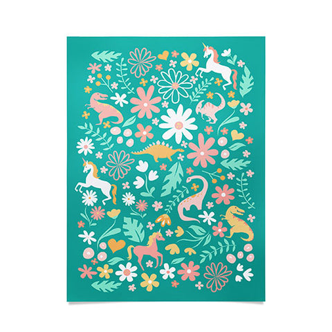Lathe & Quill Dinosaurs Unicorns on Teal Poster