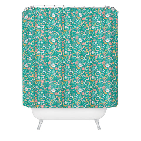 Lathe & Quill Dinosaurs Unicorns on Teal Shower Curtain