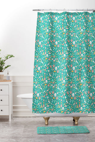 Lathe & Quill Dinosaurs Unicorns on Teal Shower Curtain And Mat
