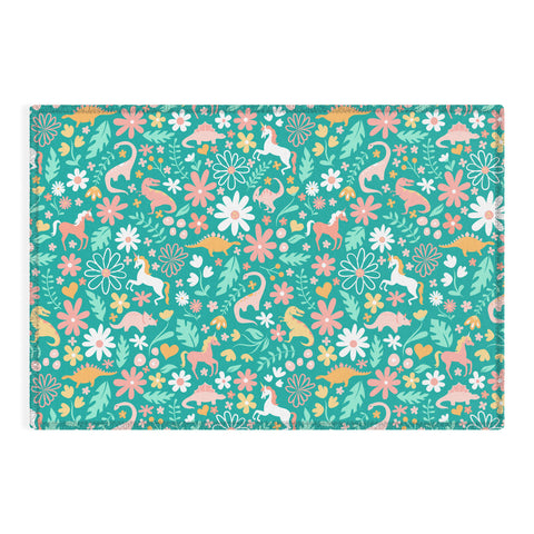 Lathe & Quill Dinosaurs Unicorns on Teal Outdoor Rug