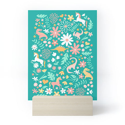 Lathe & Quill Dinosaurs Unicorns on Teal Mini Art Print