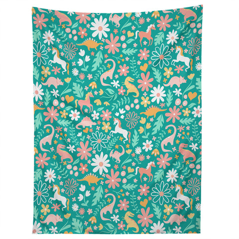 Lathe & Quill Dinosaurs Unicorns on Teal Tapestry