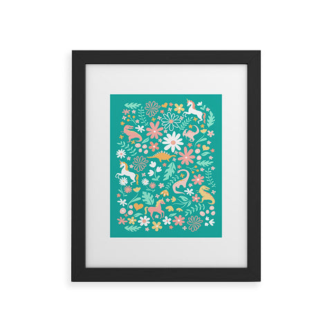 Lathe & Quill Dinosaurs Unicorns on Teal Framed Art Print