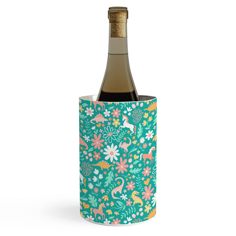 Lathe & Quill Dinosaurs Unicorns on Teal Wine Chiller