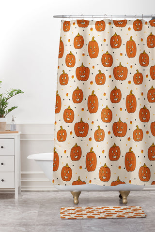 Lathe & Quill Happy Pumpkins Beige Shower Curtain And Mat