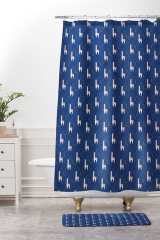 Lathe & Quill Llama on Blue Shower Curtain And Mat