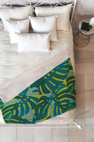 Lathe & Quill Monstera Leaves in Teal Fleece Throw Blanket