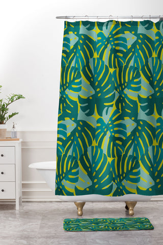 Lathe & Quill Monstera Leaves in Teal Shower Curtain And Mat