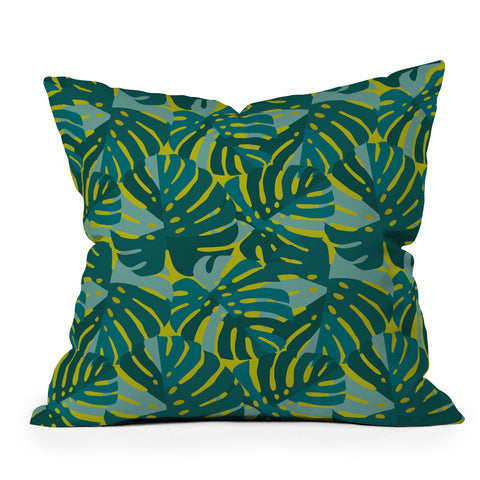 Lathe & Quill Monstera Leaves in Teal Outdoor Throw Pillow
