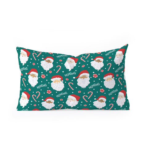 Lathe & Quill Peppermint Santas on Vivid Teal Oblong Throw Pillow