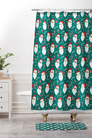 Lathe & Quill Peppermint Santas on Vivid Teal Shower Curtain And Mat