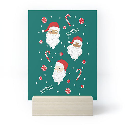 Lathe & Quill Peppermint Santas on Vivid Teal Mini Art Print