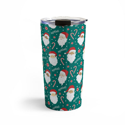 Lathe & Quill Peppermint Santas on Vivid Teal Travel Mug