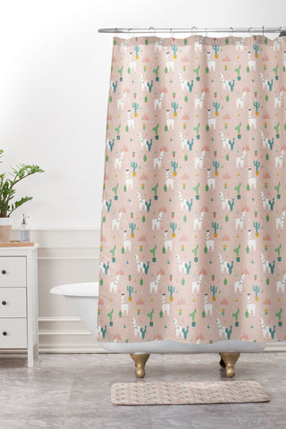 Lathe & Quill Summer Llamas on Pink Shower Curtain And Mat