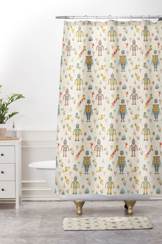 Lathe & Quill Vintage Inspired Robots Shower Curtain And Mat