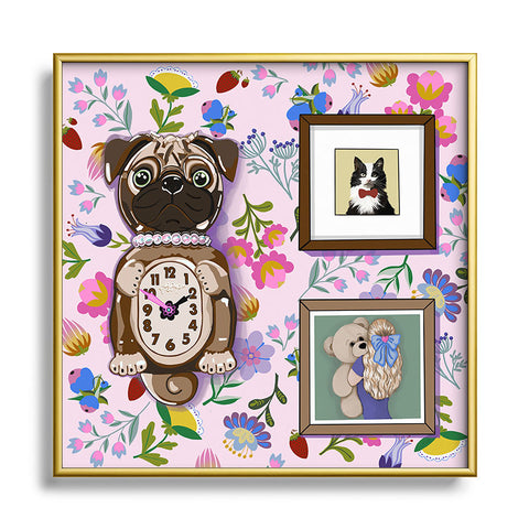 Laura Fedorowicz Pug Clock Square Metal Framed Art Print