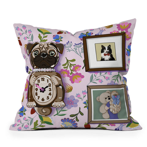 Laura Fedorowicz Pug Clock Outdoor Throw Pillow