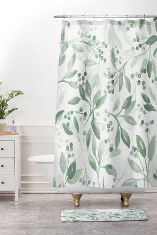 Laura Trevey Berries and Leaves Mint Shower Curtain And Mat