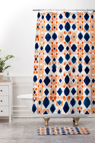 Laura Trevey Navy Orange Checkerboard Shower Curtain And Mat
