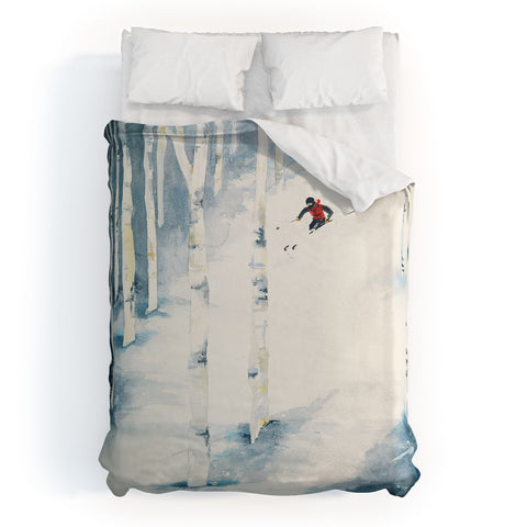 Laura Trevey Snow Skiing Duvet Cover