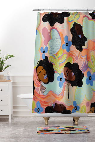 Leeya Makes Noise Pools of Us Coral Botancials Shower Curtain And Mat
