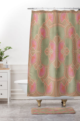 Leeya Makes Noise Sun Palms Dusk Tan Shower Curtain And Mat