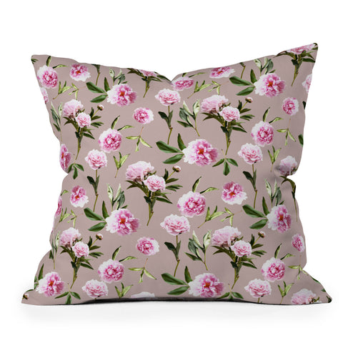 Lisa Argyropoulos Peonies in Her Dreams Mocha Outdoor Throw Pillow
