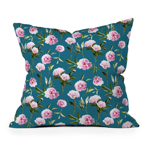 Lisa Argyropoulos Peonies in Her Dreams Teal Outdoor Throw Pillow