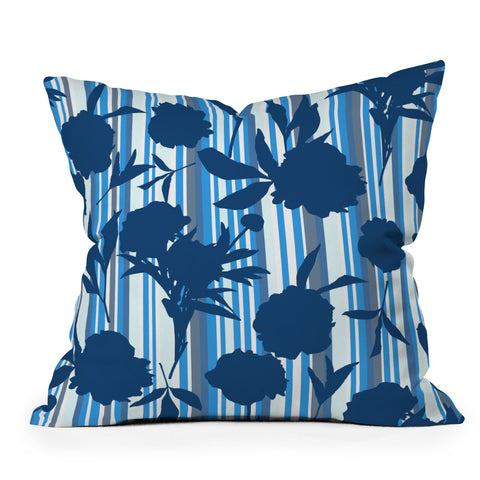 Lisa Argyropoulos Peony Silhouettes Blue Stripes Outdoor Throw Pillow