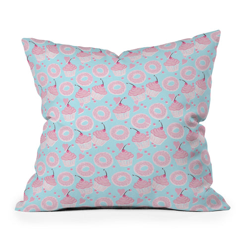 Lisa Argyropoulos Pink Cupcakes and Donuts Sky Blue Outdoor Throw Pillow