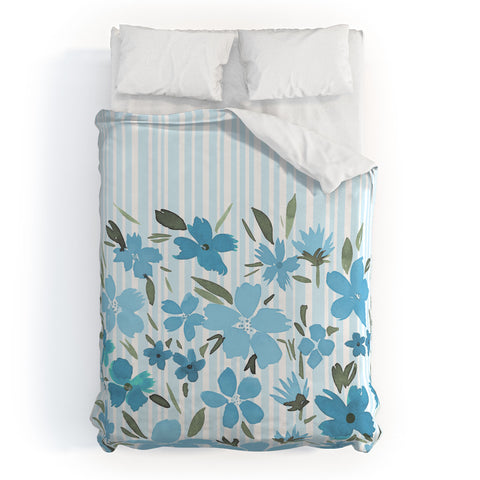 Lisa Argyropoulos Spring Floral And Stripes Blue Mist Duvet Cover