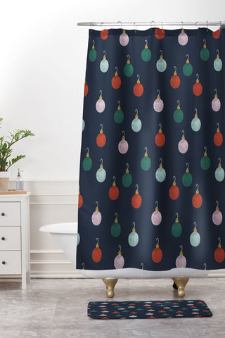 Little Arrow Design Co christmas ornaments on navy Shower Curtain And Mat