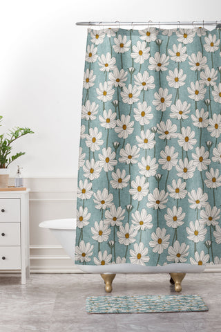 Little Arrow Design Co cosmos floral dusty blue Shower Curtain And Mat