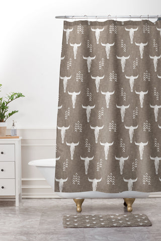 Little Arrow Design Co cow skulls on taupe Shower Curtain And Mat