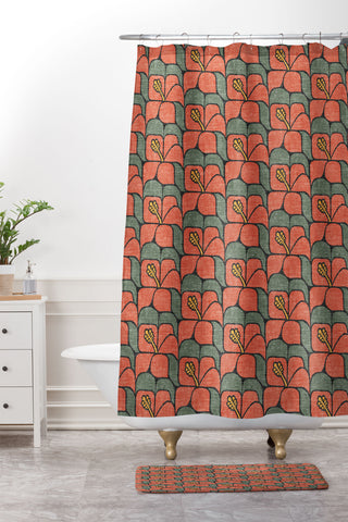 Little Arrow Design Co geometric hibiscus orange Shower Curtain And Mat