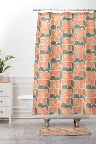 Little Arrow Design Co geometric hibiscus peach Shower Curtain And Mat