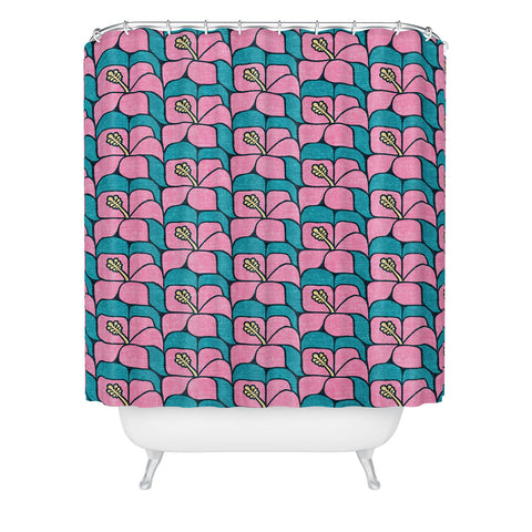 Little Arrow Design Co geometric hibiscus pink teal Shower Curtain