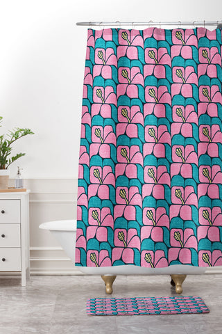 Little Arrow Design Co geometric hibiscus pink teal Shower Curtain And Mat