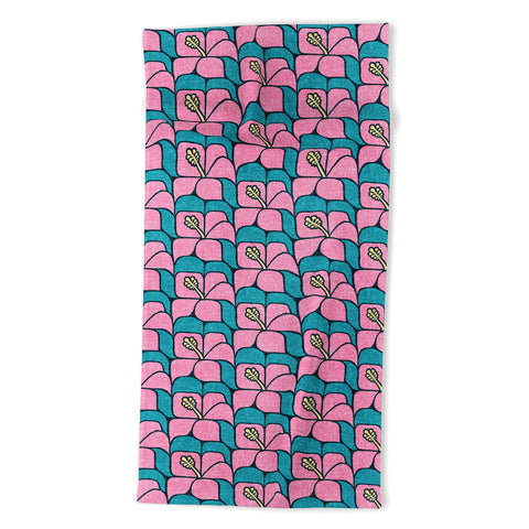 Little Arrow Design Co geometric hibiscus pink teal Beach Towel