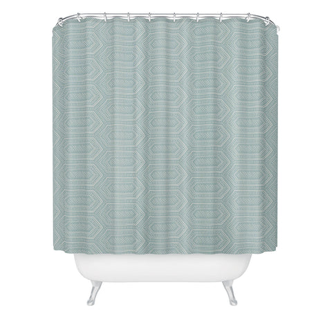 Little Arrow Design Co hexagon boho tile dusty blue Shower Curtain Havenly