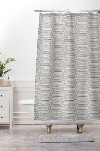 Little Arrow Design Co hexagon boho tile in charcoal Shower Curtain And Mat