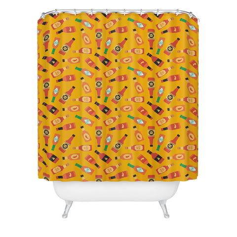 Little Arrow Design Co hot sauce bottles on yellow Shower Curtain