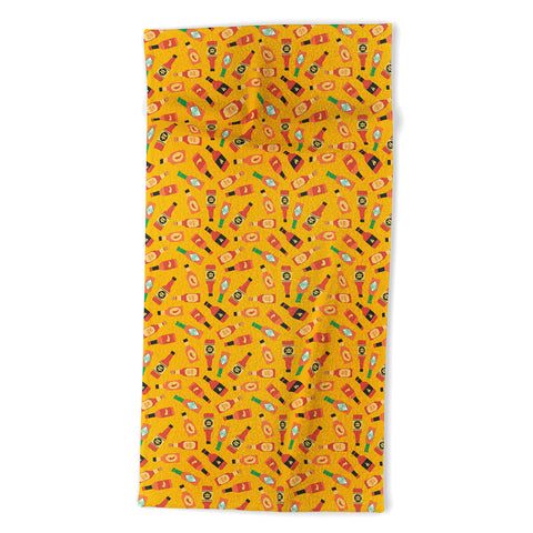 Little Arrow Design Co hot sauce bottles on yellow Beach Towel